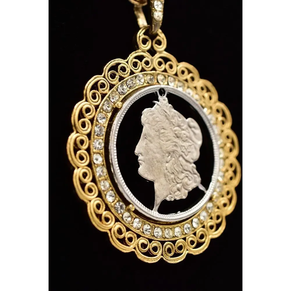 Vintage Carved Coin Heavy Pendant Necklace Crystal Chain Gold Chunky 1970s BinBH